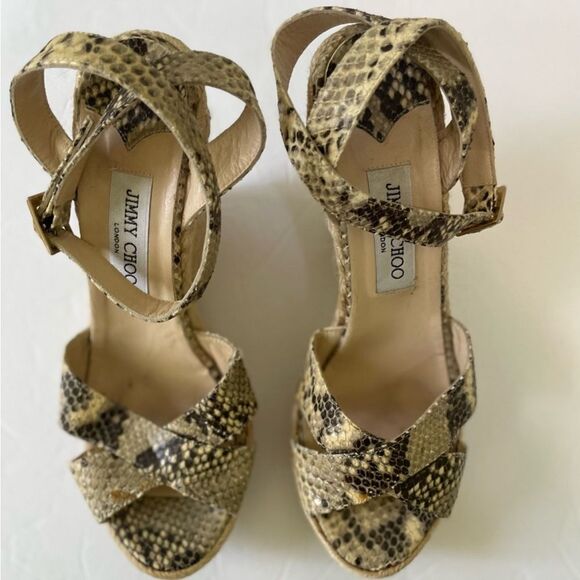 Jimmy Choo Phoenix Snake Print Leather Raffia Platform Wedge Shoe Size 41, US 11 - Picture 2 of 15